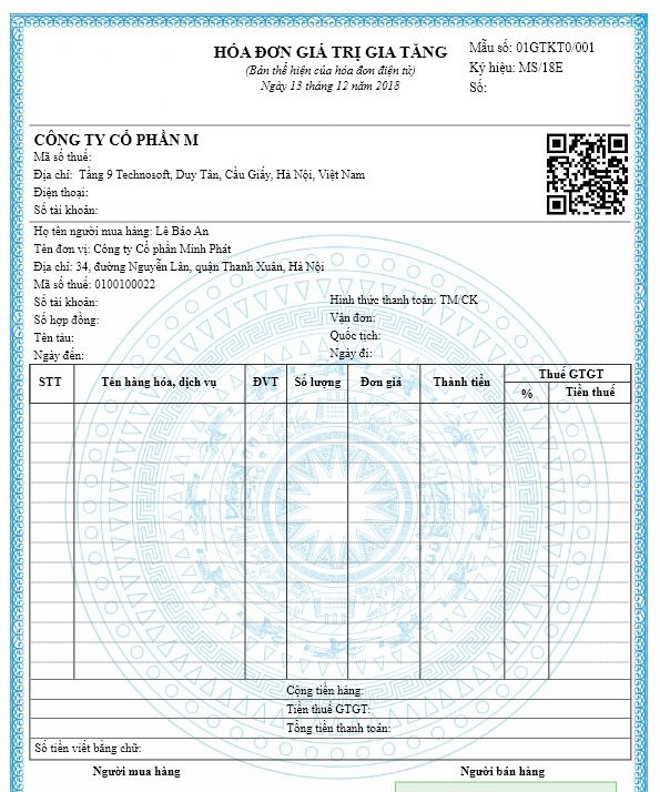 Mẫu hóa đơn điện tử lĩnh vực khách sạn