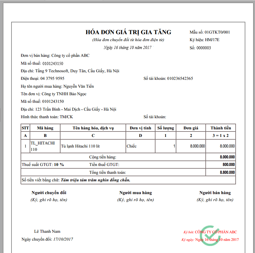 bản thể hiện của hóa đơn điện tử
